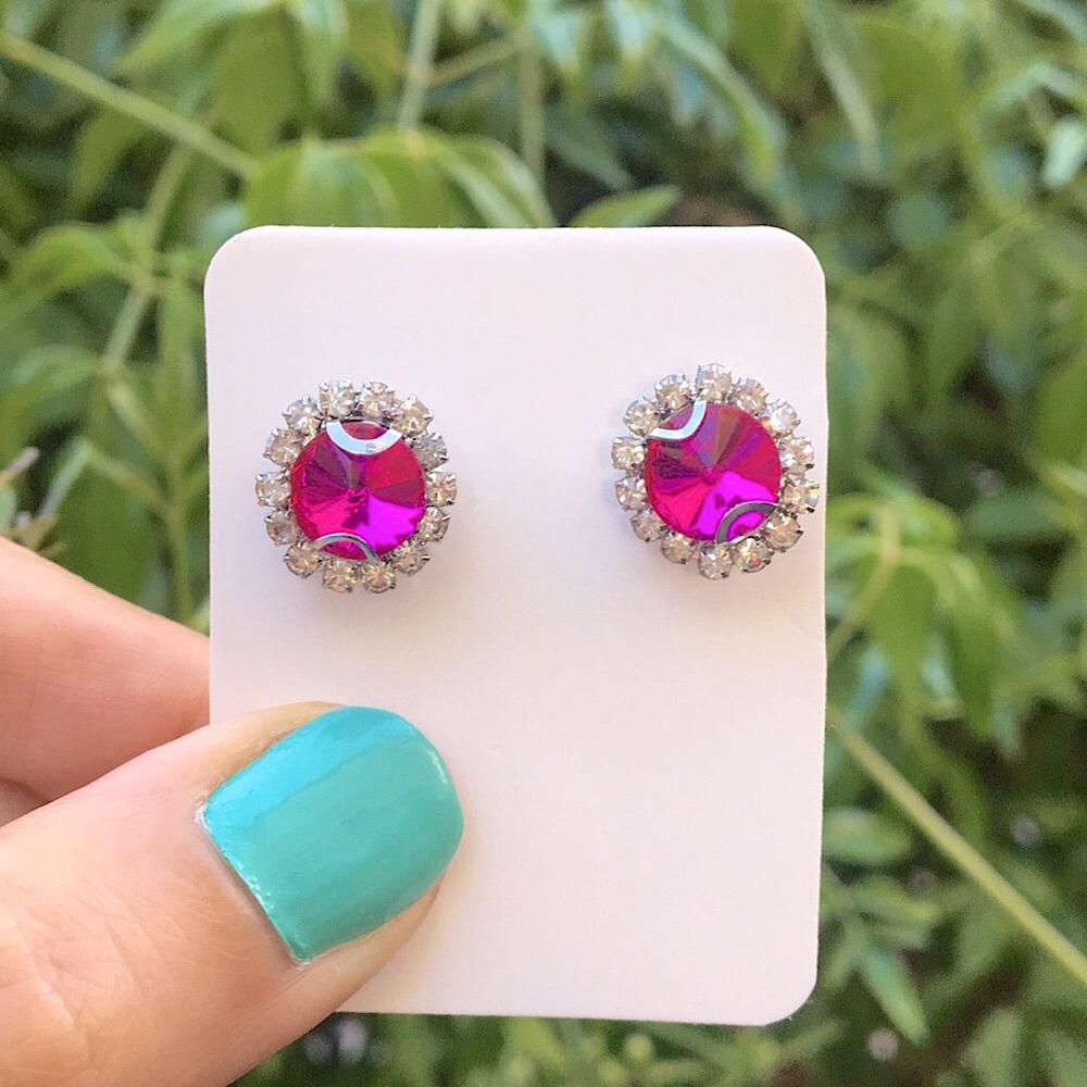 Fuchsia Hot Pink Rivoli + Silver Crystal Halo Stud Earrings - Picture 4 of 9